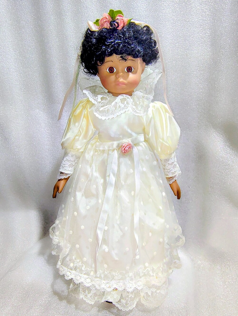 Vintage 16” Black Porcelain Doll Ivory Lace Gown Floral Headpiece